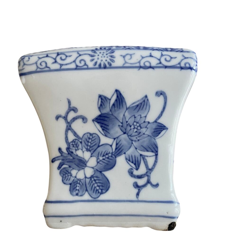 Vintage Asian Square Floral Blue White Porcelain Plant Pot